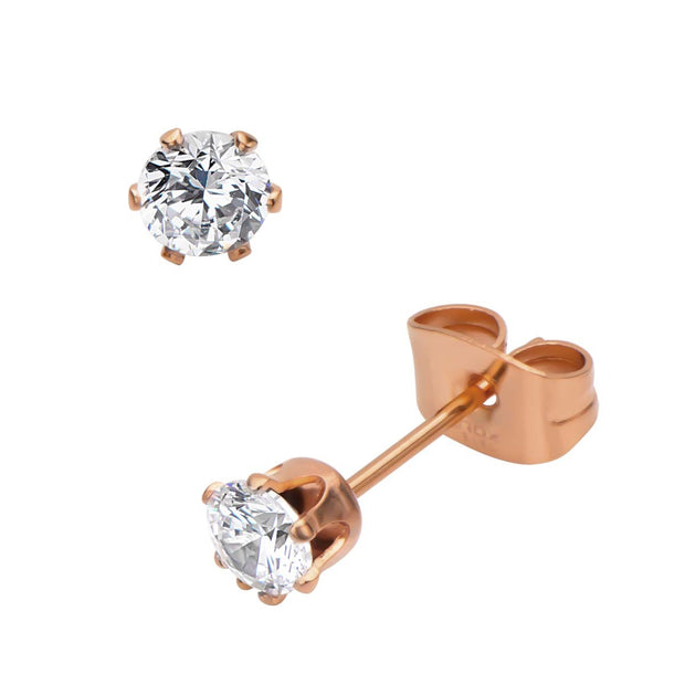 Rose Gold IP Steel with Clear CZ Stud Earrings (Unisex)