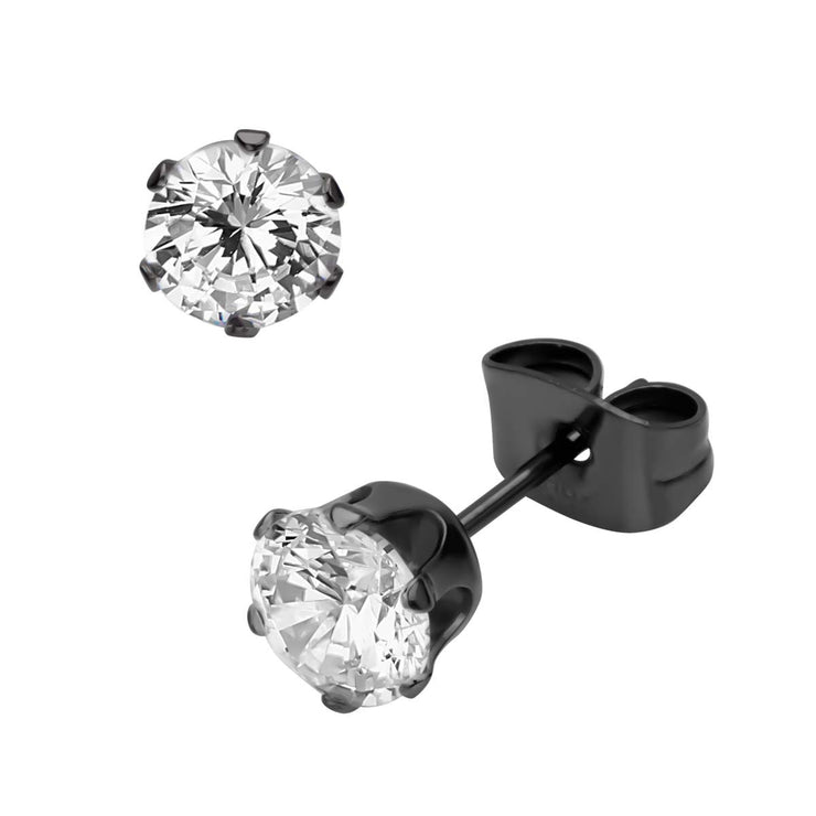 Black IP Steel with Clear CZ Stud Earrings (Unisex)