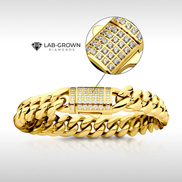 12mm 18Kt Gold IP Miami Cuban Chain Bracelet with CNC Precision Set Lab-grown Diamonds Double Tab Box Clasp