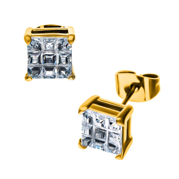 Stainless Steel & Gold IP with Hashtag CZ Square Cut Stud Earrings