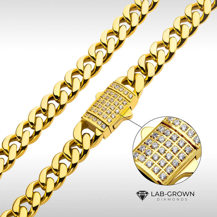 6mm 18Kt Gold IP Miami Cuban Chain Necklace with CNC Precision Set Lab-grown Diamonds Double Tab Box Clasp