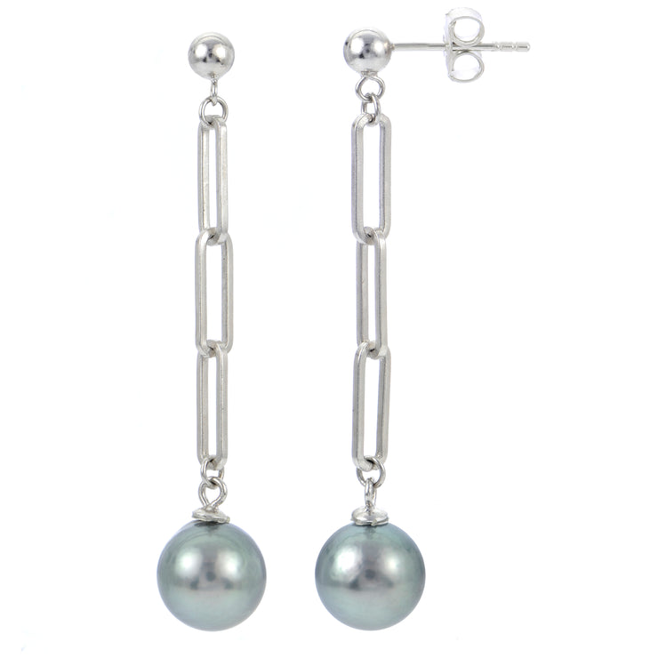 Sterling Silver Tahitian Pearl Paperclip Chain Earrings