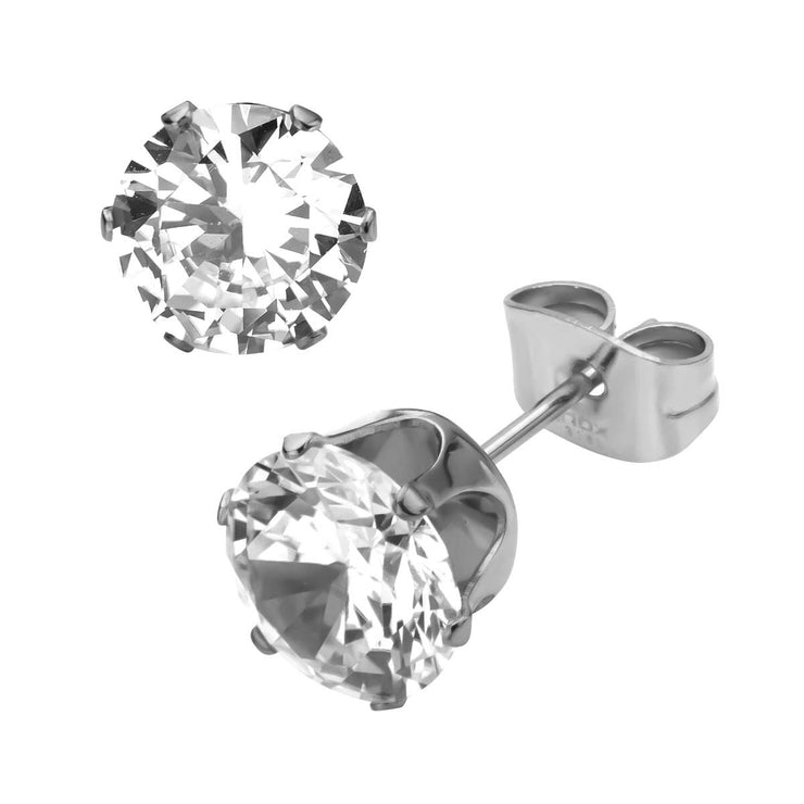 Prong Set Clear CZ Steel Stud Earrings (Unisex)