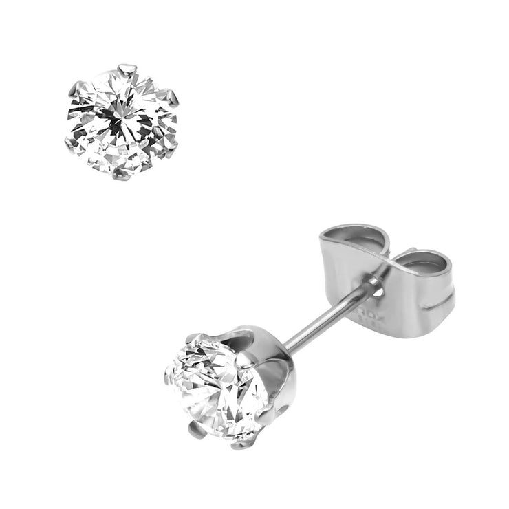 Prong Set Clear CZ Steel Stud Earrings (Unisex)