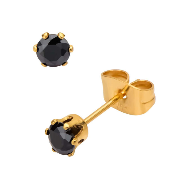 Gold IP Steel with Black CZ Stud Earrings (Unisex)