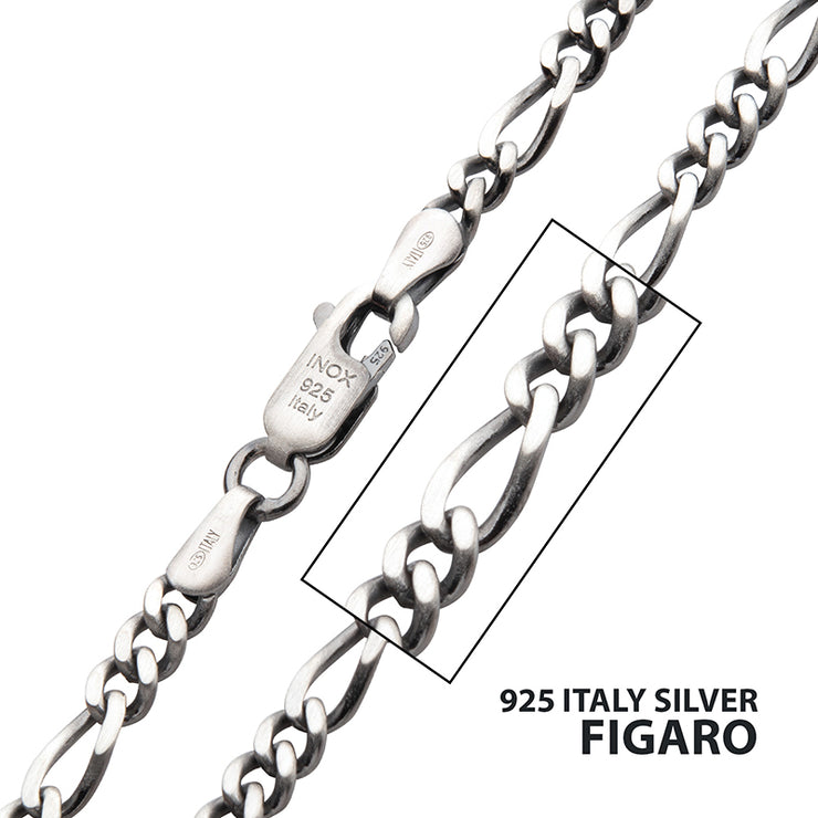 3.6mm 925 Italy Silver Black Rhodium Plated Brushed Satin Finish Figaro Chain Necklace