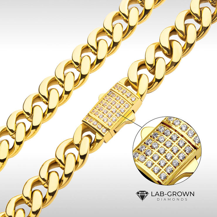 8mm 18Kt Gold IP Miami Cuban Chain Necklace with CNC Precision Set Lab-grown Diamonds Double Tab Box Clasp