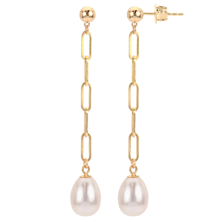 14K Yellow Gold Freshwater Pearl Paperclip Chain Earrings