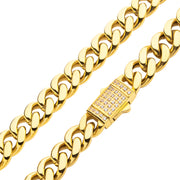 8mm 18Kt Gold IP Miami Cuban Chain Necklace with CNC Precision Set CZ Double Tab Box Clasp