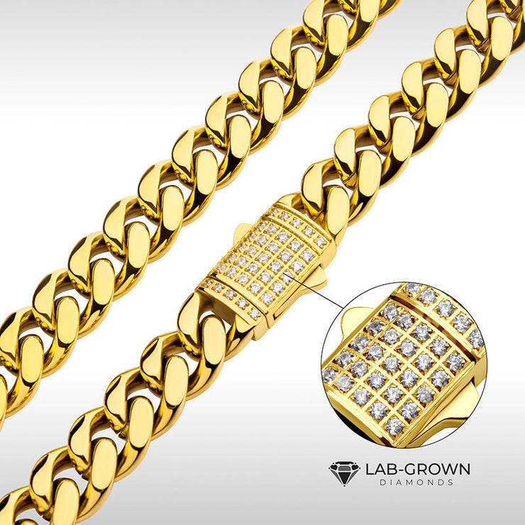 10mm 18Kt Gold IP Miami Cuban Chain Necklace with CNC Precision Set Lab-grown Diamonds Double Tab Box Clasp