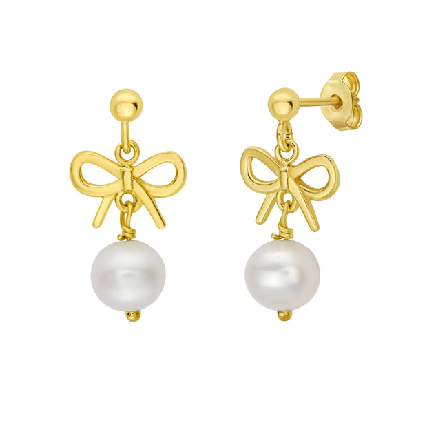 14K Bow Pearl Drop Earrings