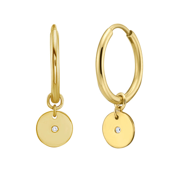 14K Gold Diamond Disc Charm Hoops