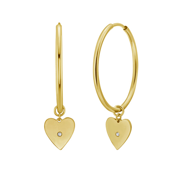 14K Gold Diamond Heart Charm Hoops