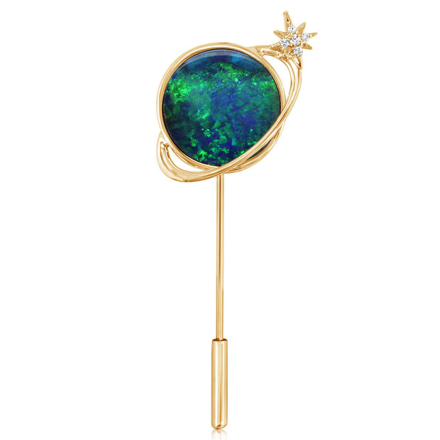 14K Yellow Gold Australian Opal Doublet/Diamond Stick Pin