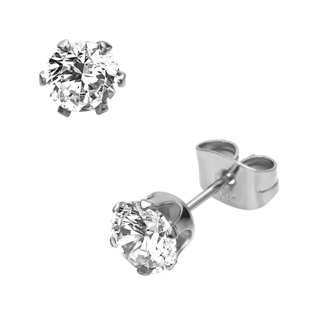 Prong Set Clear CZ Steel Stud Earrings (Unisex)