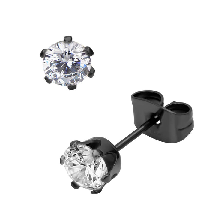 Black IP Steel with Clear CZ Stud Earrings (Unisex)