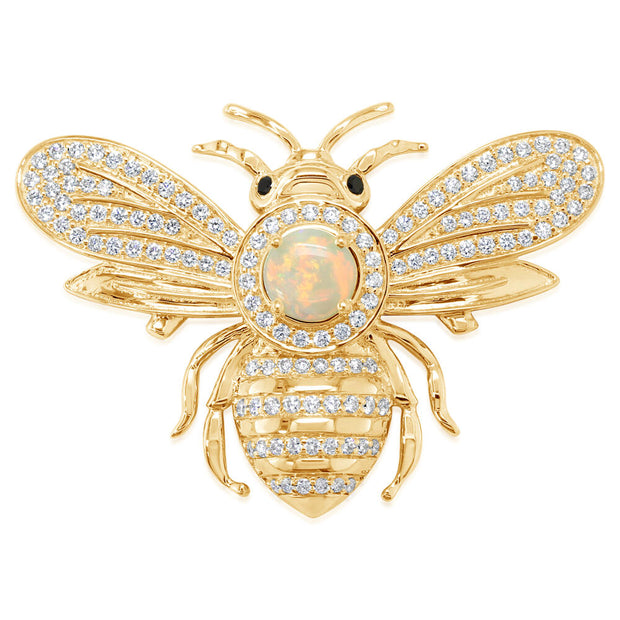 14K Yellow Gold Australian Opal/Diamond/Black Diamond Bee Brooch