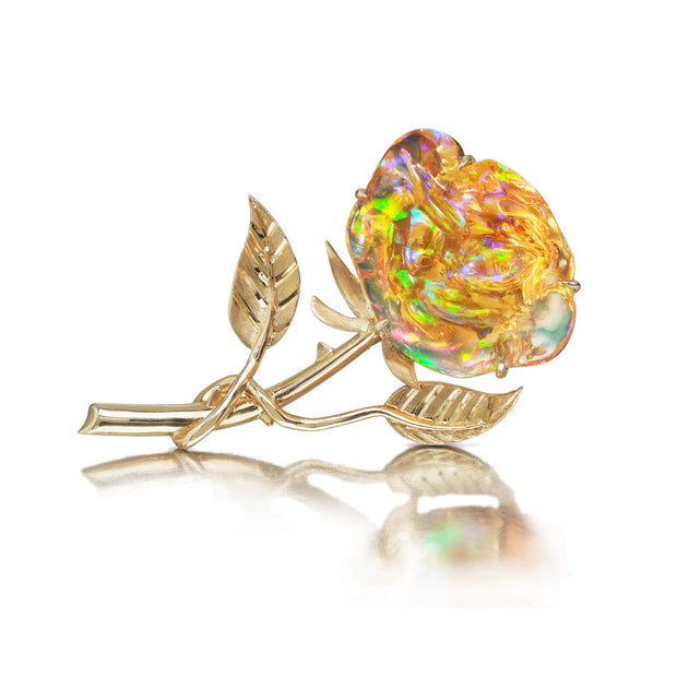 14K Yellow Gold Mexican Fire Opal Rose Brooch