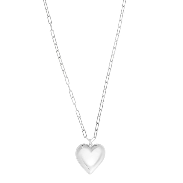 Silver Large Puffed Heart Long Necklace