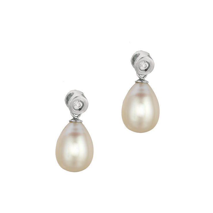 Silver Freshwater Pearl and Bezel Set CZ Drop Earrings