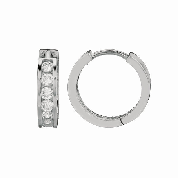 Silver Channel Set 3x15mm CZ Hoop Earrings