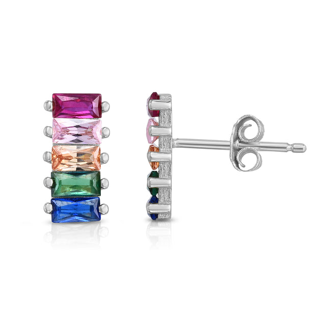 Silver Rainbow CZ Baguette Bar Stud Earring