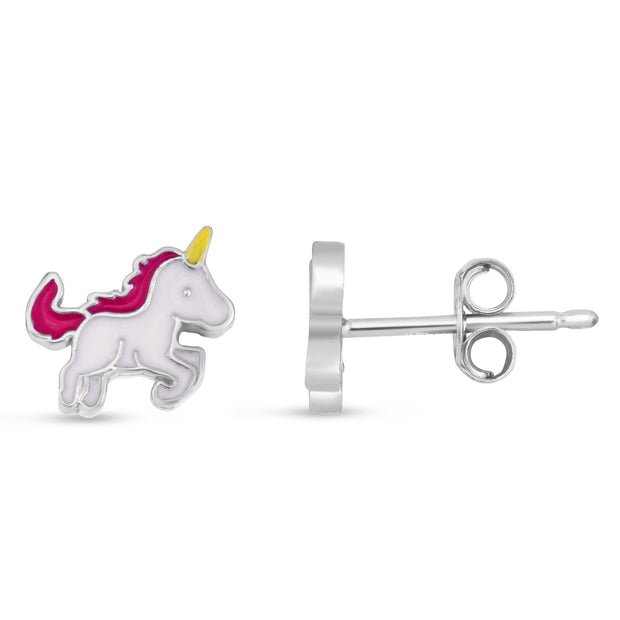 Silver Enamel Unicorn Studs