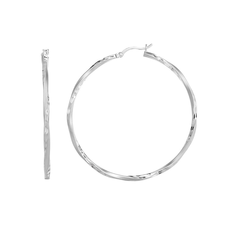 Silver 50mm Diamond Cut and Twist Hoop Earring