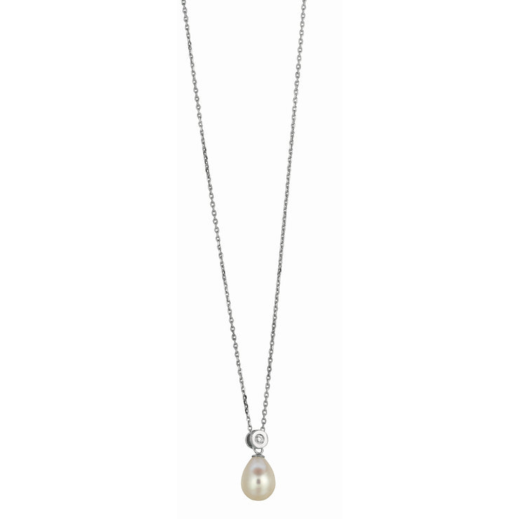 Silver Freshwater Pearl and Bezel Set CZ Necklace