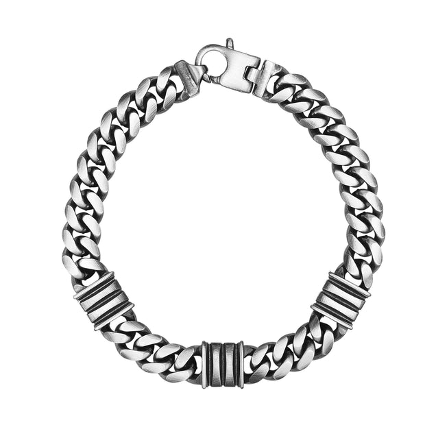 Silver 9.2mm Mens Gunmetal Triple Bar Station Bracelet