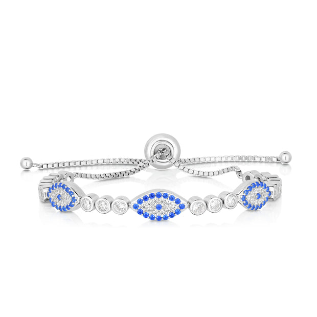 Sterling Silver CZ Evil Eye Station Friendship Bracelet