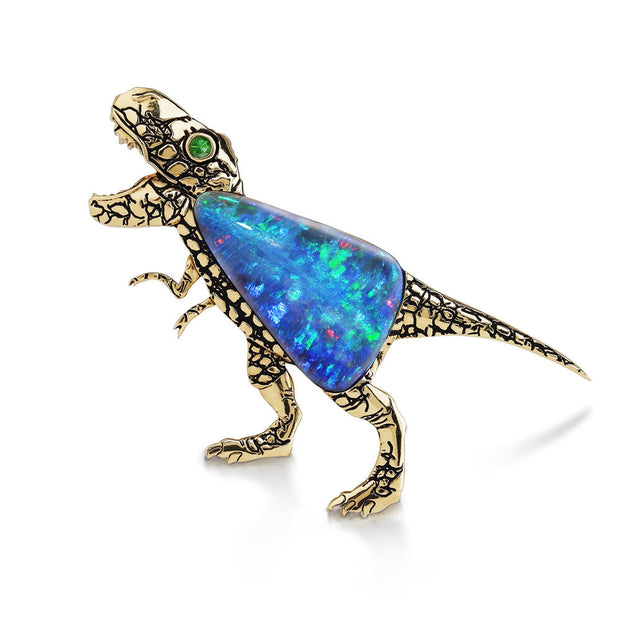 14K Yellow Gold Australian Boulder Opal/Tsavorite Tyrannosaurus Rex (Trex) Brooch