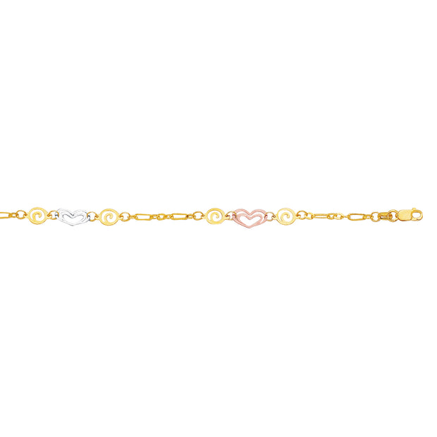 14K Tri-color Gold Heart and Swirl Anklet