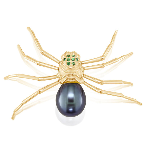 14K Yellow Gold Dark Fw Pearl/Tsavorite Spider Lapel Pin with Yellow Plated Post-Back