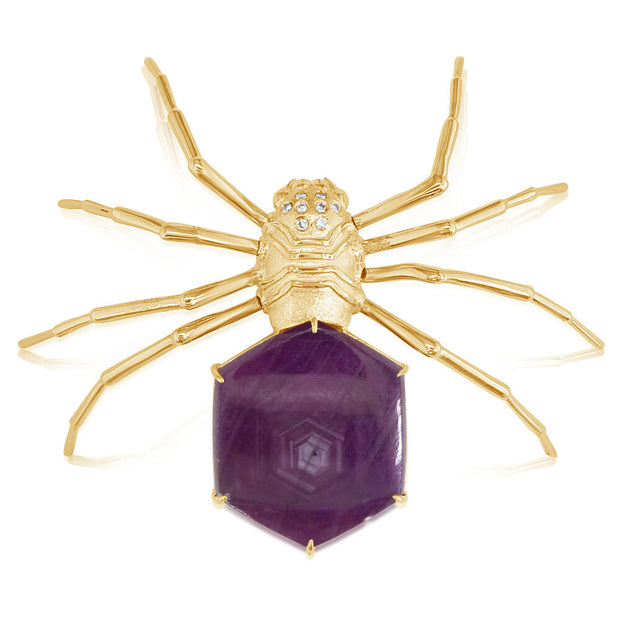 14K Yellow Gold Ruby Slice Black Widow Spider Brooch