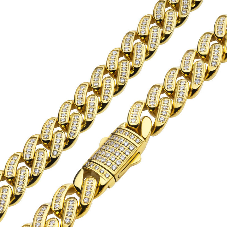 12mm 18Kt Gold IP Miami Cuban Chain Necklace with CNC Precision Set Full Clear Cubic Zirconia Double Tab Box Clasp