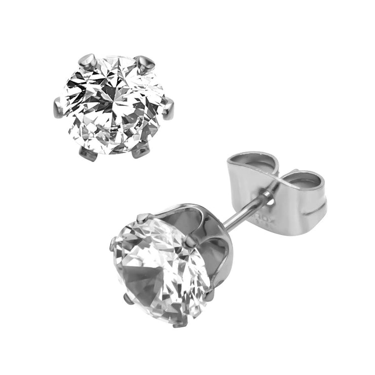 Prong Set Clear CZ Steel Stud Earrings (Unisex)