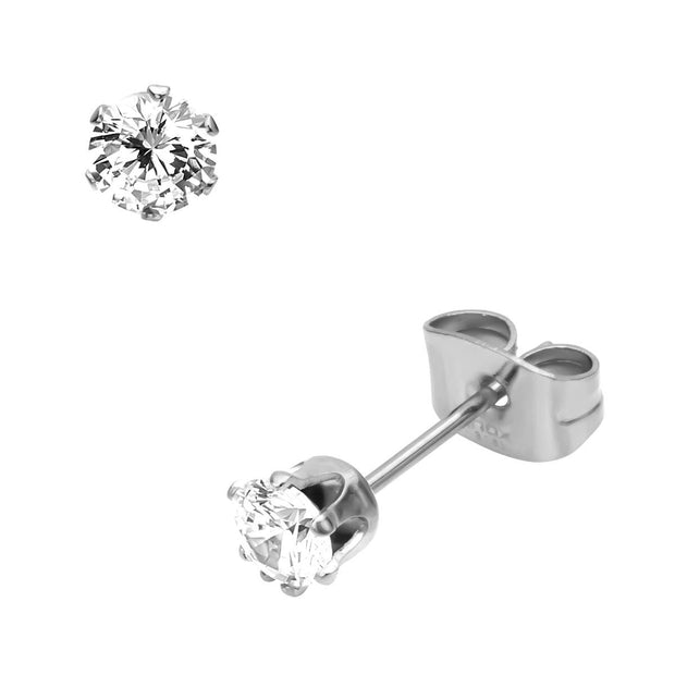 Prong Set Clear CZ Steel Stud Earrings (Unisex)