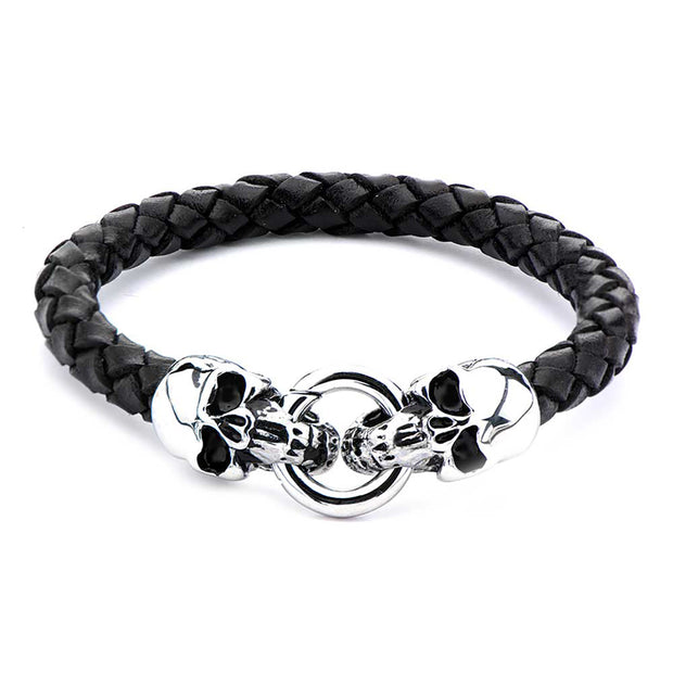 Black Leather with Skulls Bracelet