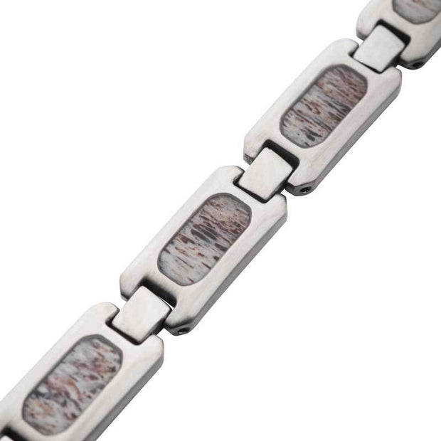 Matte Finish Stainless Steel Deer Antler Inlay Link Bracelet