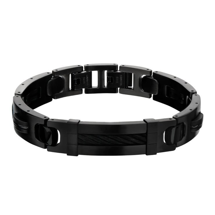 Stainless Steel 13mm Matte Finished Black IP with ID Plate Link and Fold Over Clasp Bracelet