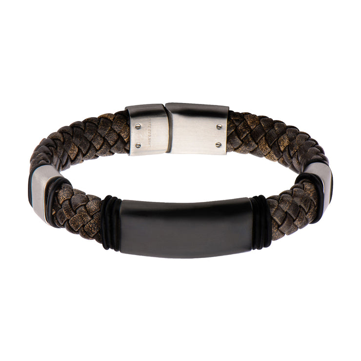 Brown Braided Full Grain Cowhide Leather Steel Clasp Bracelet