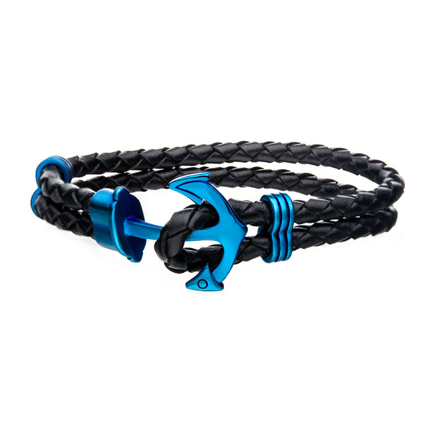 Black Leather with Blue IP Anchor Bracelet