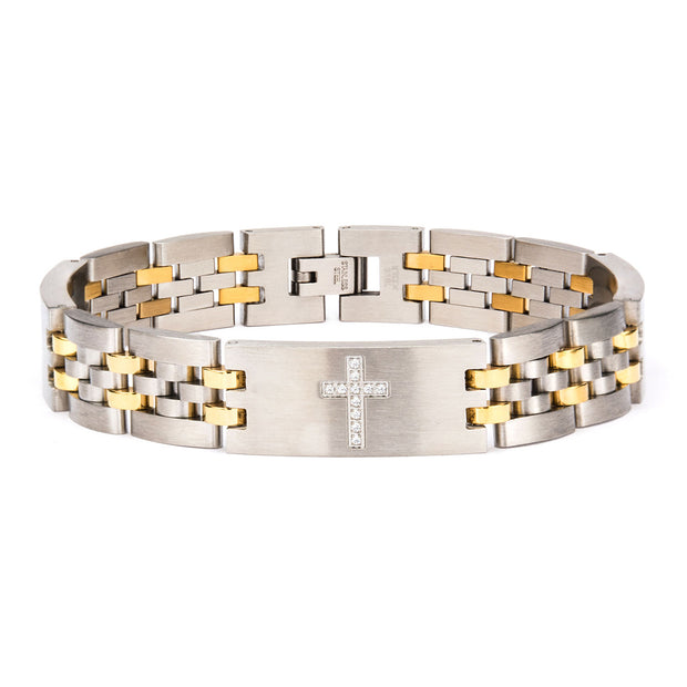 Stainless Steel Two Tone with Clear CZ Stone Cross in Steel ID Panther Link Bracelet