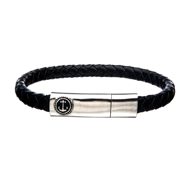 Black Leather with Anchor in Brushed Steel Clasp Bar Bracelet