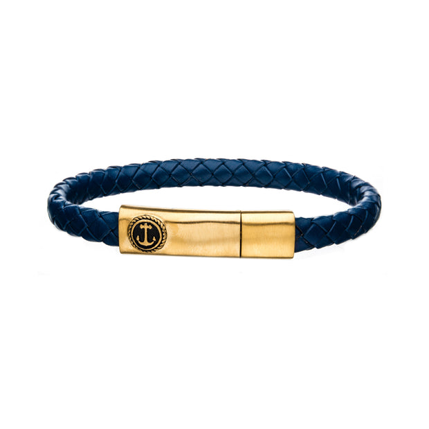 Blue Leather with Anchor in Brushed Gold IP Clasp Bar Bracelet