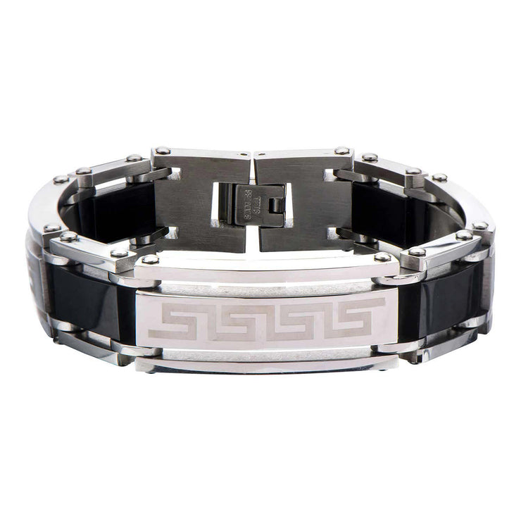 Steel & Black IP Bracelet with Greek Key Pattern