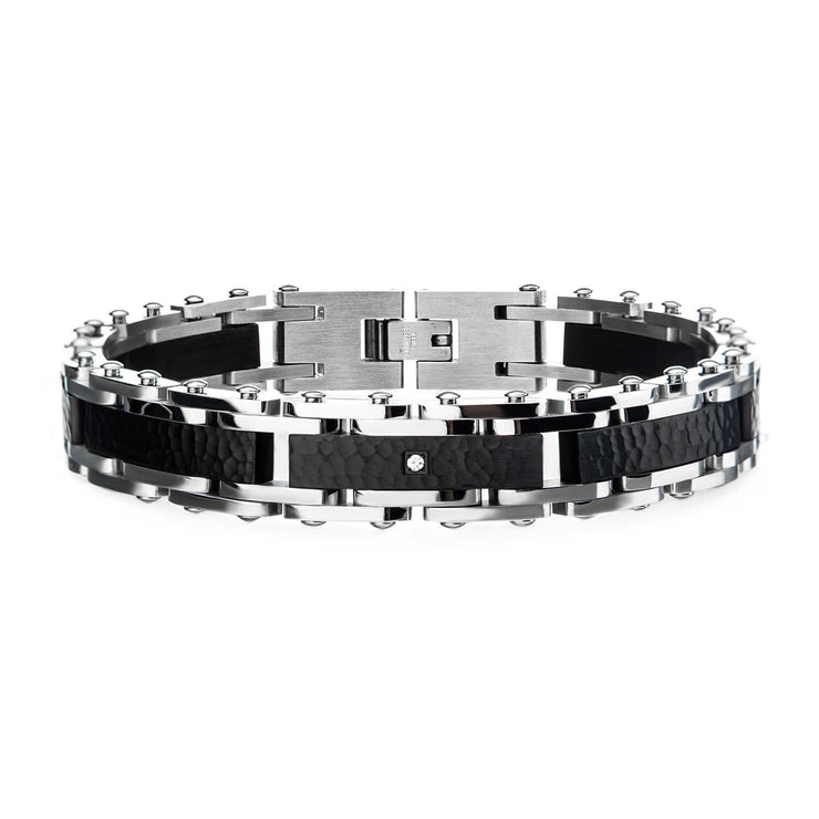 Two Tone Steel, Black Hammered Bracelet with CZs