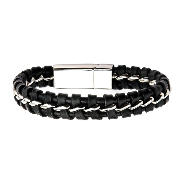 Inox Black Braided Leather with Steel Clasp Bracelet