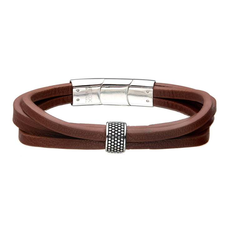 Stainless Steel Wrap Around  Style Brown Leather Station Bracelet